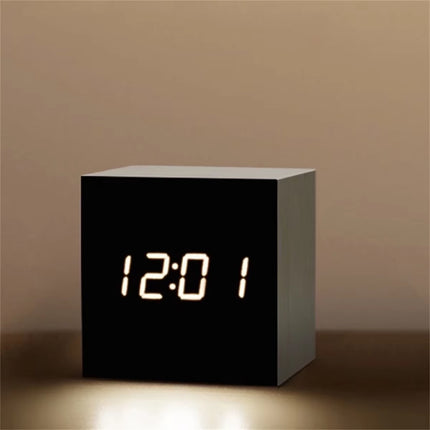 Digital LED Alarm Clock Square Wooden Retro Luminous Clock Desktop Decoration Voice Control Function Desktop Clock
