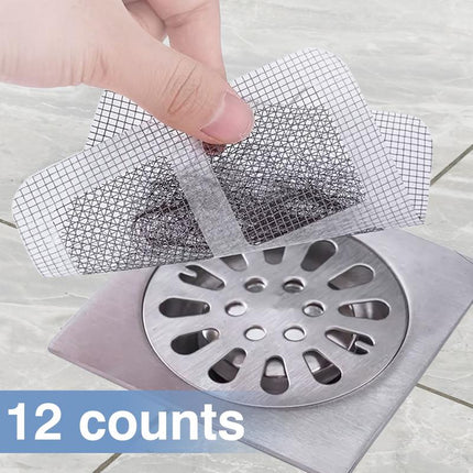 12 Counts Disposable Shower Drain Cover Hair Catcher, Mesh Stickers for Shower Drain Bathroom Sink, with Strong Adhesive Fits Tightly on Drains
