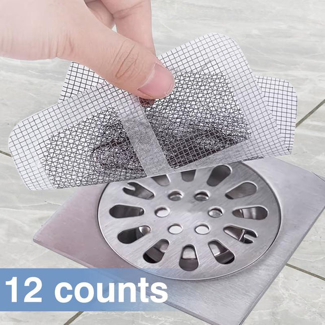 12 Counts Disposable Shower Drain Cover Hair Catcher, Mesh Stickers for Shower Drain Bathroom Sink, with Strong Adhesive Fits Tightly on Drains