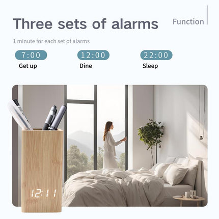 Daraume Voice-Activated Digital Wooden Pen Holder Alarm Clock, Home Office Pen Holder Desktop Pen Cup Electronic Pen Cup Multifunctional LED Desktop Clock