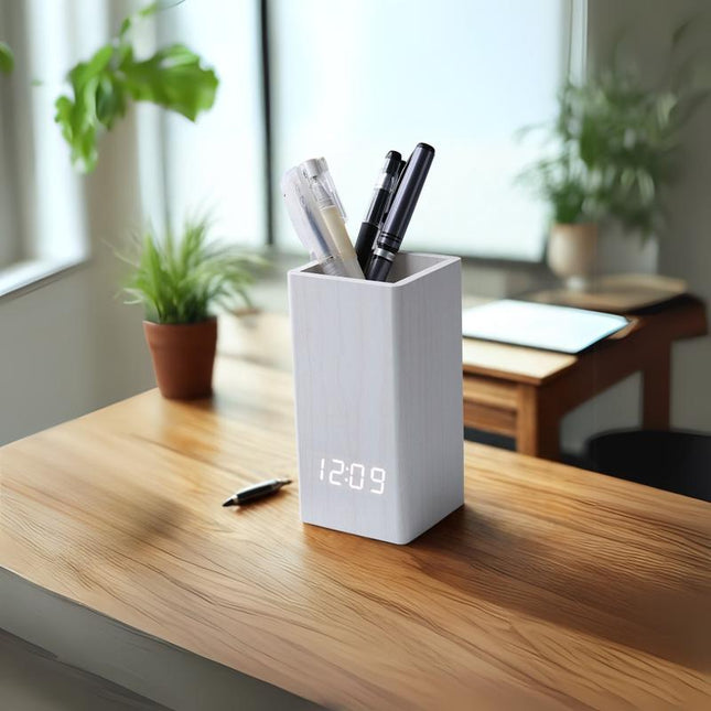 Daraume Voice-Activated Digital Wooden Pen Holder Alarm Clock, Home Office Pen Holder Desktop Pen Cup Electronic Pen Cup Multifunctional LED Desktop Clock