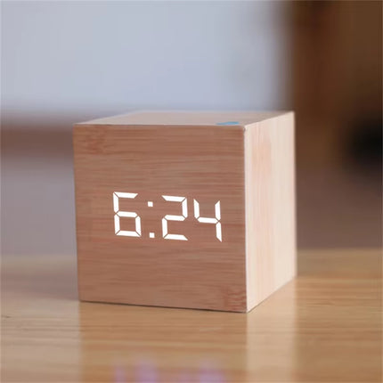 Digital LED Alarm Clock Square Wooden Retro Luminous Clock Desktop Decoration Voice Control Function Desktop Clock