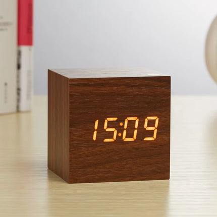 Digital LED Alarm Clock Square Wooden Retro Luminous Clock Desktop Decoration Voice Control Function Desktop Clock