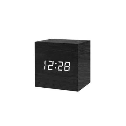 Digital LED Alarm Clock Square Wooden Retro Luminous Clock Desktop Decoration Voice Control Function Desktop Clock
