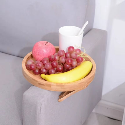 Wooden Sofa Armrest Tray Circular Clip on Breakfast Tray Home Use Foldable Sofa Side Table Snack Tray Integrated Storage Tray
