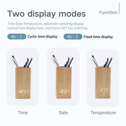 Daraume Voice-Activated Digital Wooden Pen Holder Alarm Clock, Home Office Pen Holder Desktop Pen Cup Electronic Pen Cup Multifunctional LED Desktop Clock