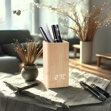 Daraume Voice-Activated Digital Wooden Pen Holder Alarm Clock, Home Office Pen Holder Desktop Pen Cup Electronic Pen Cup Multifunctional LED Desktop Clock