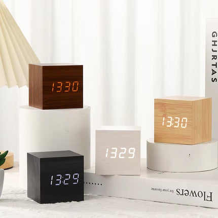 Digital LED Alarm Clock Square Wooden Retro Luminous Clock Desktop Decoration Voice Control Function Desktop Clock