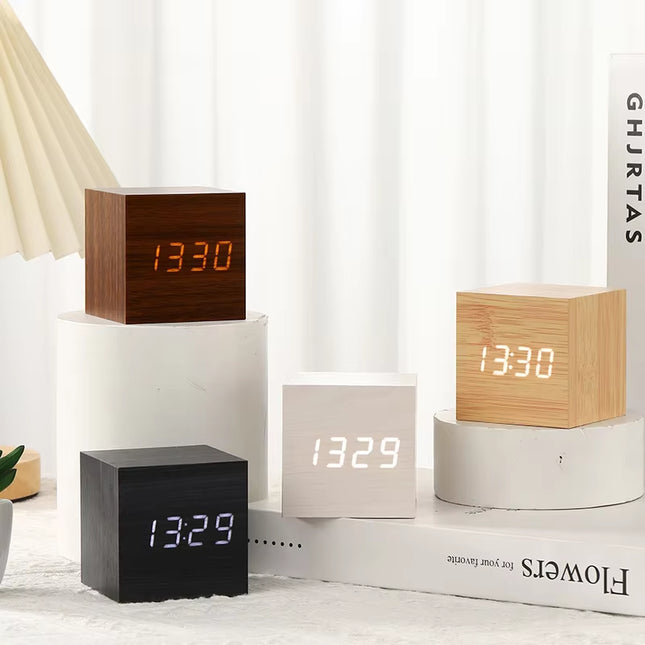 Digital LED Alarm Clock Square Wooden Retro Luminous Clock Desktop Decoration Voice Control Function Desktop Clock