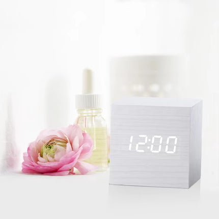 Digital LED Alarm Clock Square Wooden Retro Luminous Clock Desktop Decoration Voice Control Function Desktop Clock