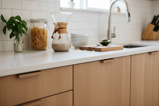 closer zoomed in candid shot of kitchen