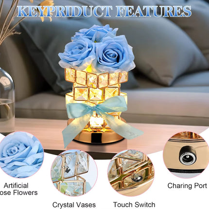 Nightstand Table Lamp Rechargeable Bedroom Bedside Decorative Lamp Crystal Flower Rose for Girl Valentine'S Day Birthday Gift