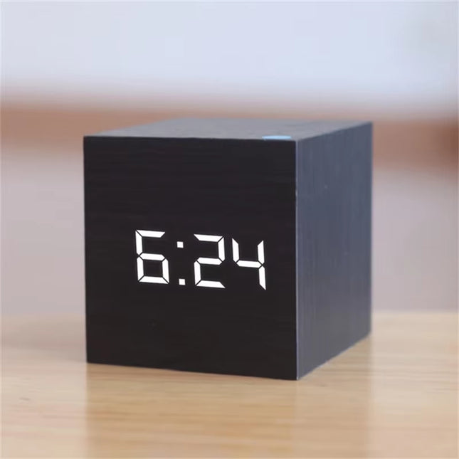 Digital LED Alarm Clock Square Wooden Retro Luminous Clock Desktop Decoration Voice Control Function Desktop Clock
