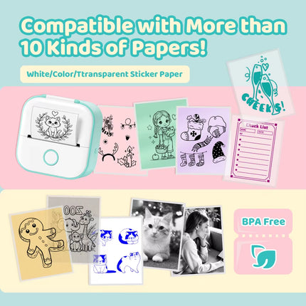 T02 Mini Thermal Printer Wireless Mini Pocket Printer, Adhesive Sticker Printer for DIY, Journal, Student Birthday Gift