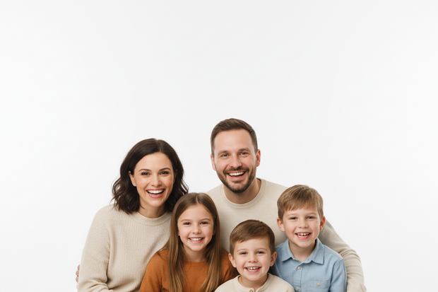 Happy family with white background for text above them